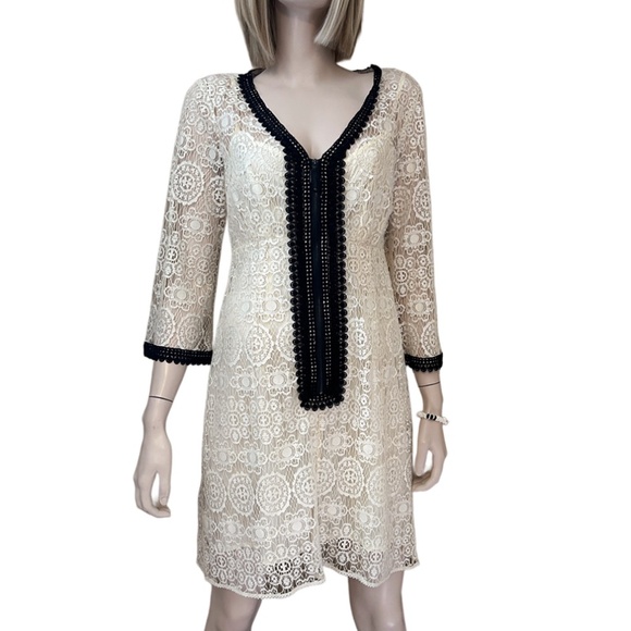 Nanette Lepore Sheath Dress Lace Crochet Zip Front Y2K Made in USA Linen Cotton - Picture 2 of 16